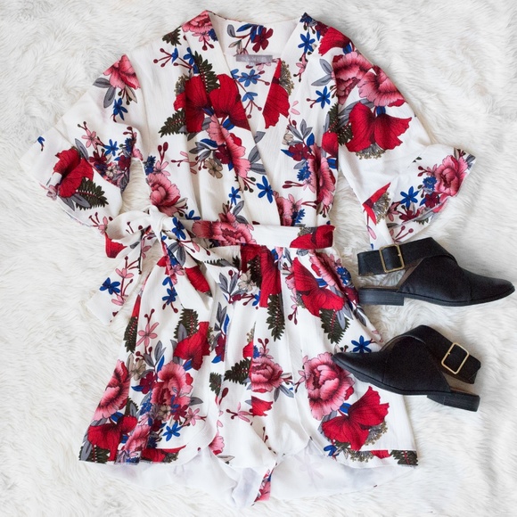 Ooh La Lou Pants - Floral Print Romper Playsuit Red V Neck Jumpsuit